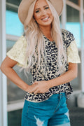 Leopard Print Lace Sleeve Round Neck Tee