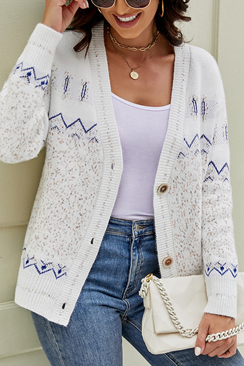 Printed V-Neck Buttoned Cardigan