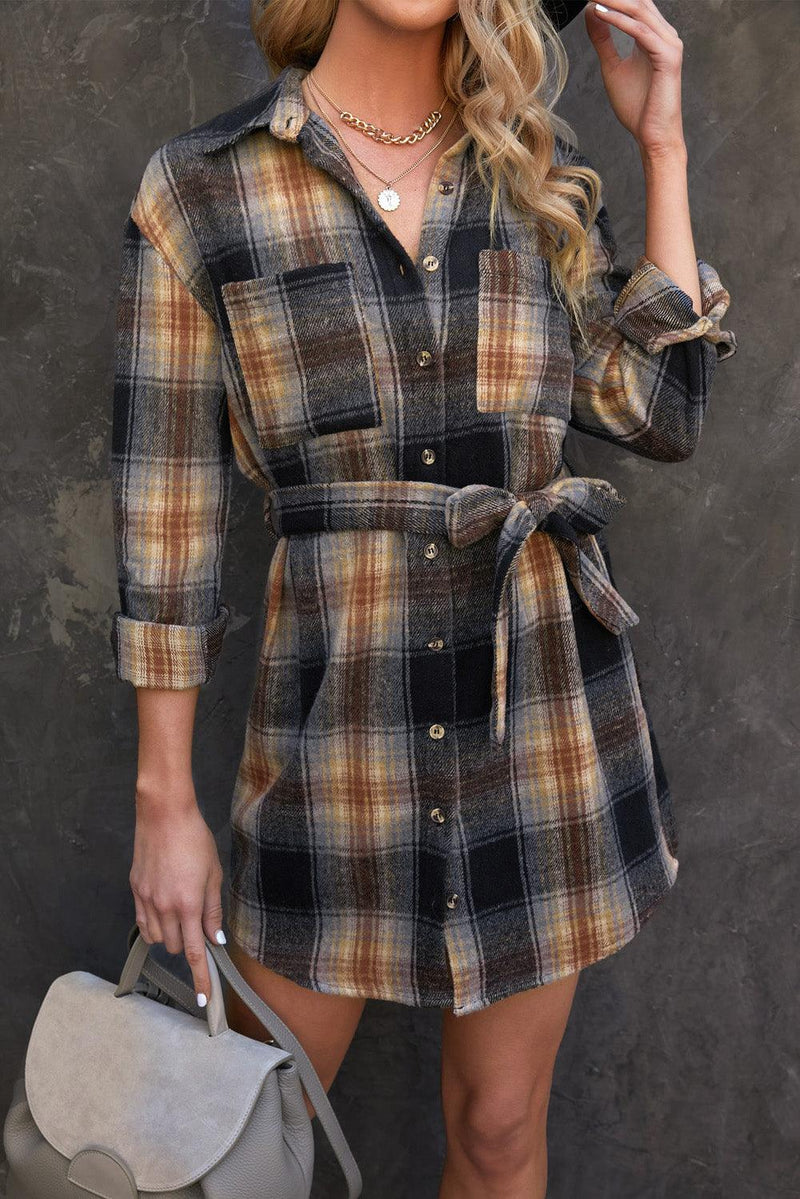 Plaid Tie Waist Button Down Shirt Dress - AM APPAREL