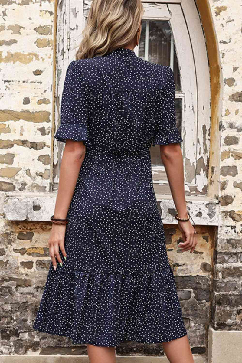 Polka Dot Tie Front Ruffled Midi Dress