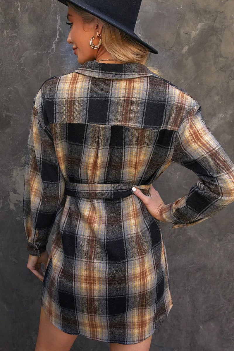 Plaid Tie Waist Button Down Shirt Dress - AM APPAREL