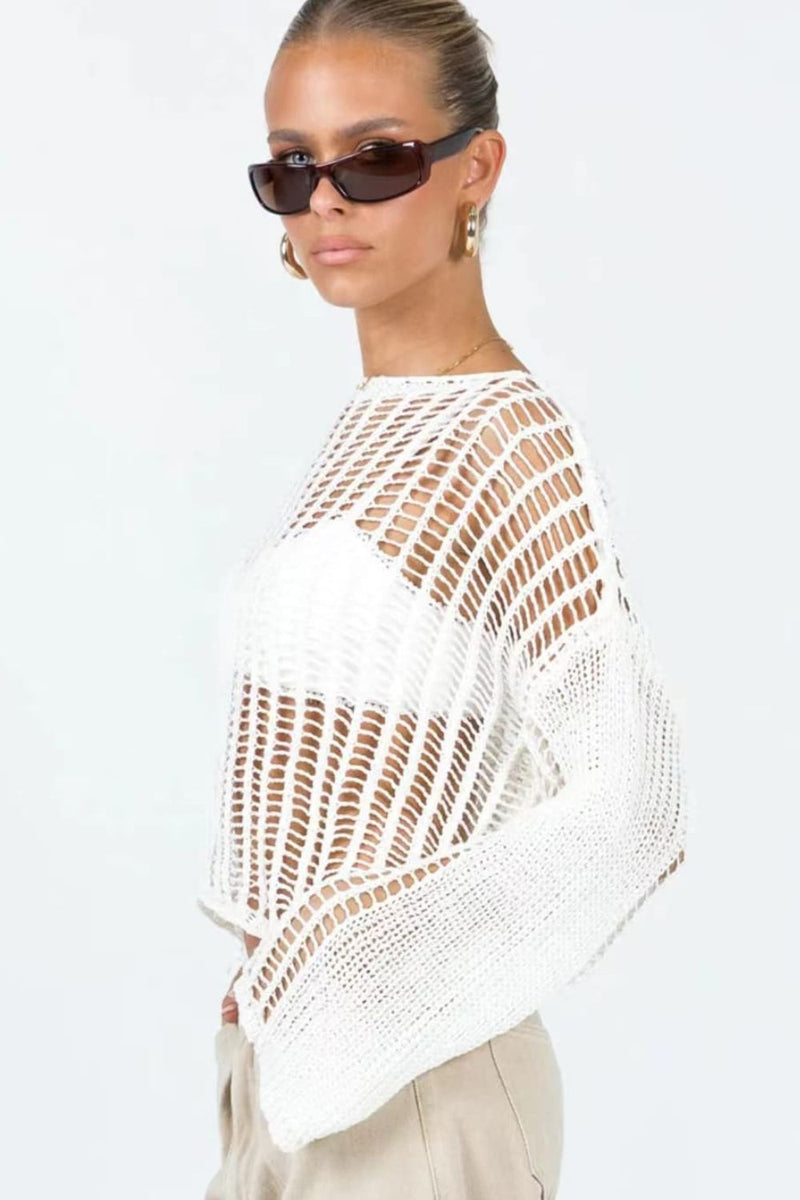 Openwork Boat Neck Long Sleeve Cover Up