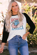 Camiseta con gráfico HOWDY AMERICA, cuello redondo y manga raglán