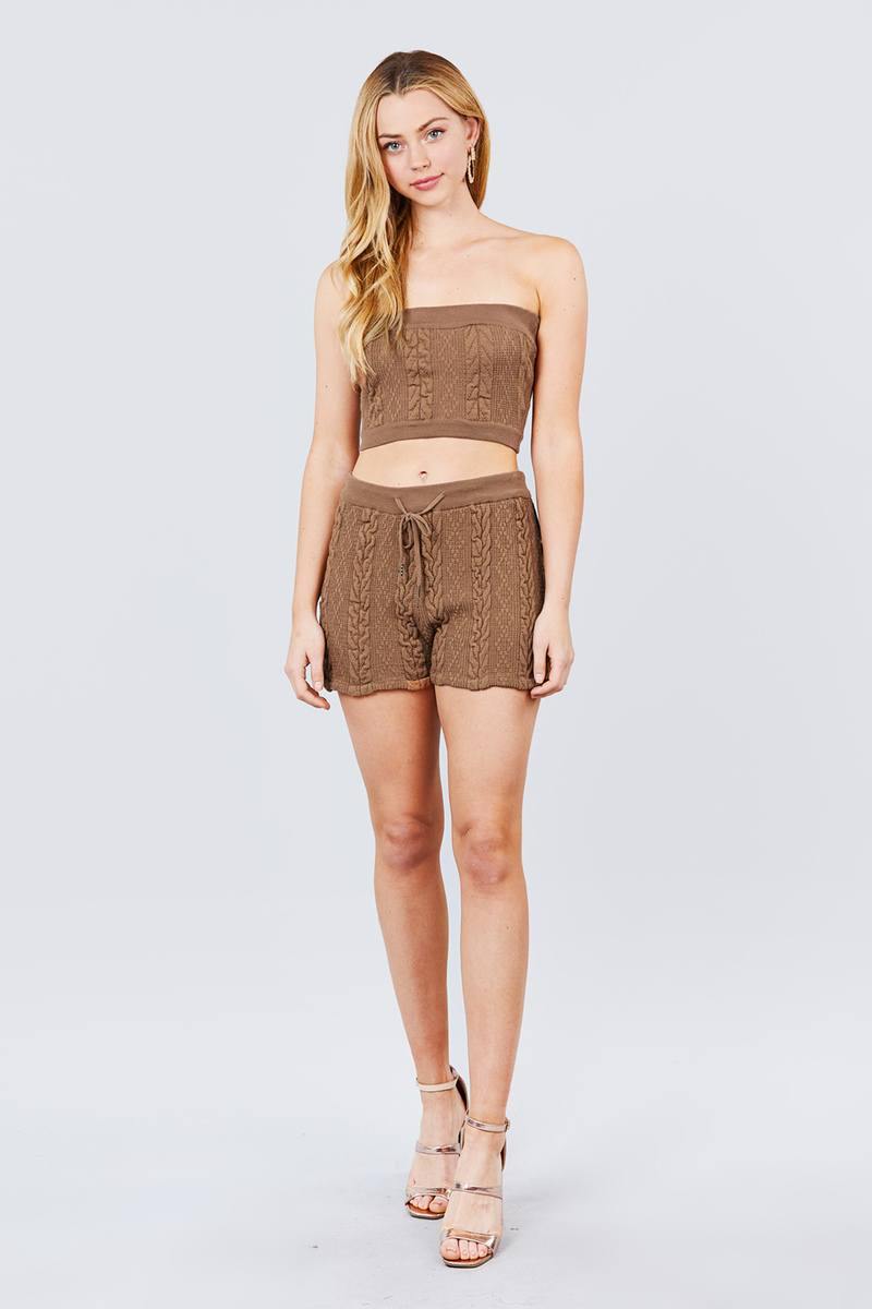 Cable Detail Sweater Tube Top And Sweater Short Set - AM APPAREL
