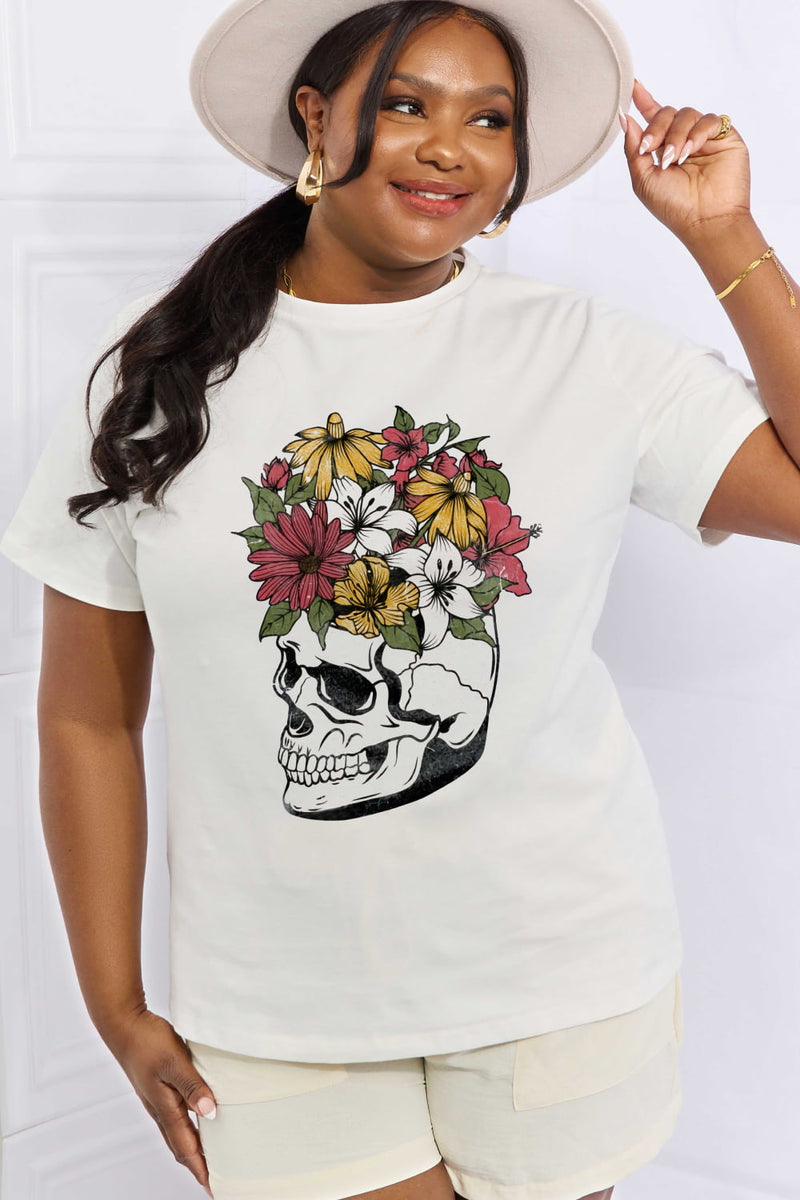 Camiseta de algodón con estampado de calavera de tamaño completo de Simply Love