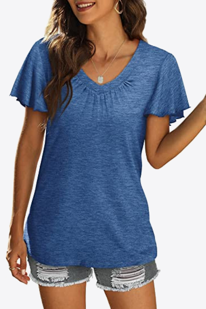 V-Neck Flutter Sleeve Tee Shirt