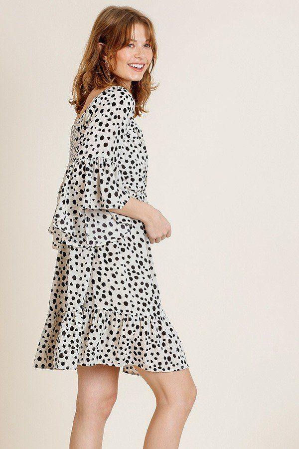 Dalmatian Print Ruffle Bell Sleeve Sweetheart Neckline Dress - AM APPAREL