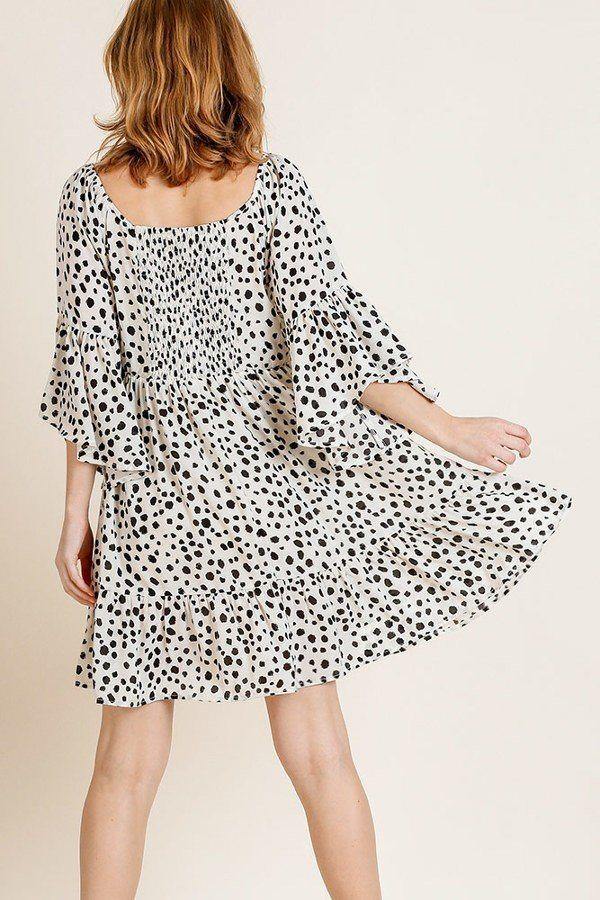 Dalmatian Print Ruffle Bell Sleeve Sweetheart Neckline Dress - AM APPAREL