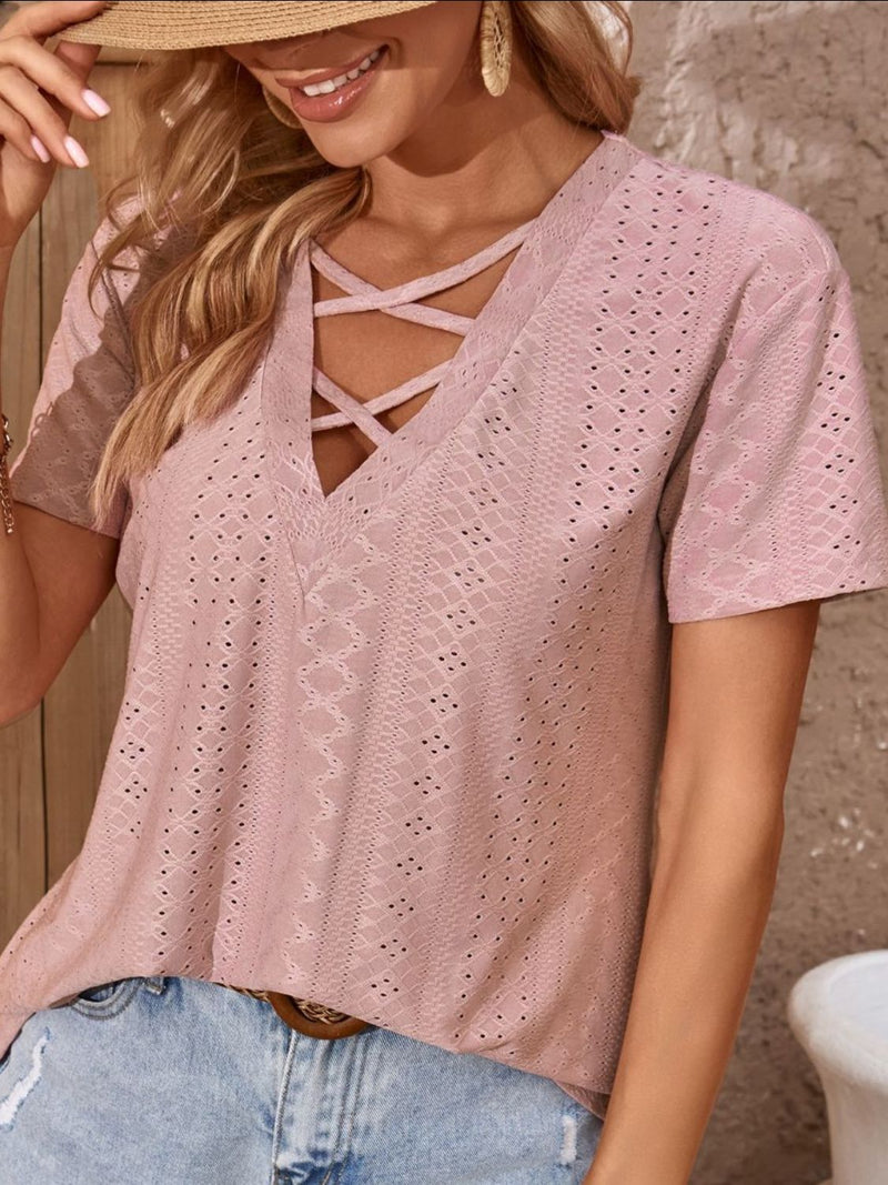 Crisscross V-Neck Eyelet Top