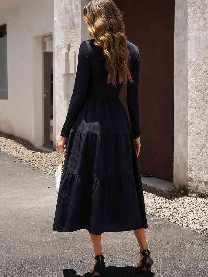 Surplice Neck Long Sleeve Smocked Waist Midi Dress