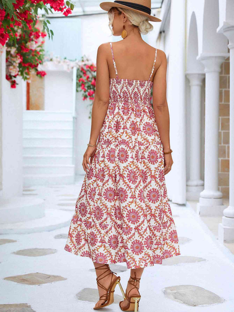 Printed Cutout Spaghetti Strap Midi Dress