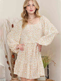 Printed Square Neck Long Sleeve Smocked Dress