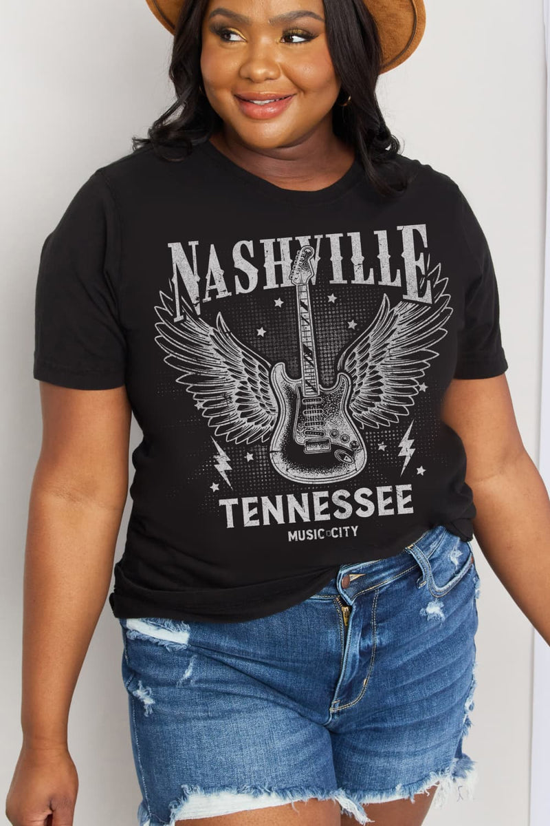 Simply Love Camiseta de algodón con estampado de NASHVILLE TENNESSEE MUSIC CITY de tamaño completo de Simply Love