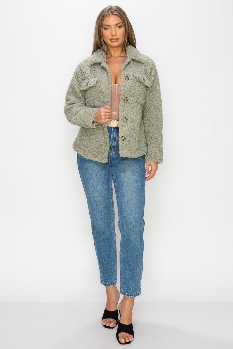 Faux Fur Front Button Jacket - AM APPAREL