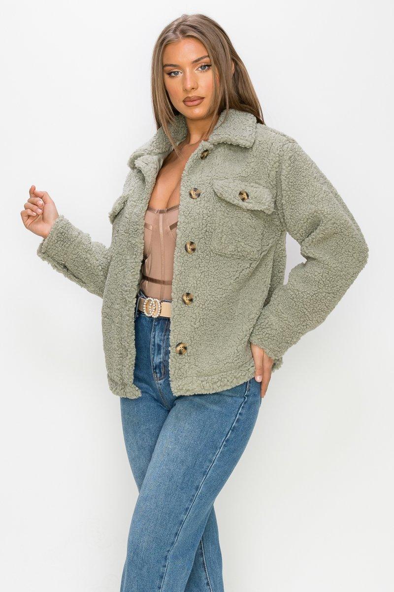 Faux Fur Front Button Jacket - AM APPAREL