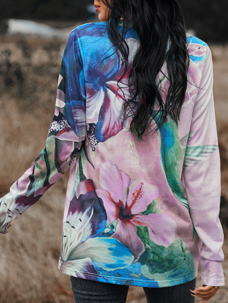 Hummingbird Floral Print Long Sleeve Tee