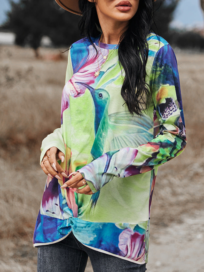 Hummingbird Floral Print Long Sleeve Tee