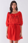 Flame Red Boat Neck Ruffle Collar Midi Sleeve Self-tie Waist Front Button Down Mini Dress - AM APPAREL