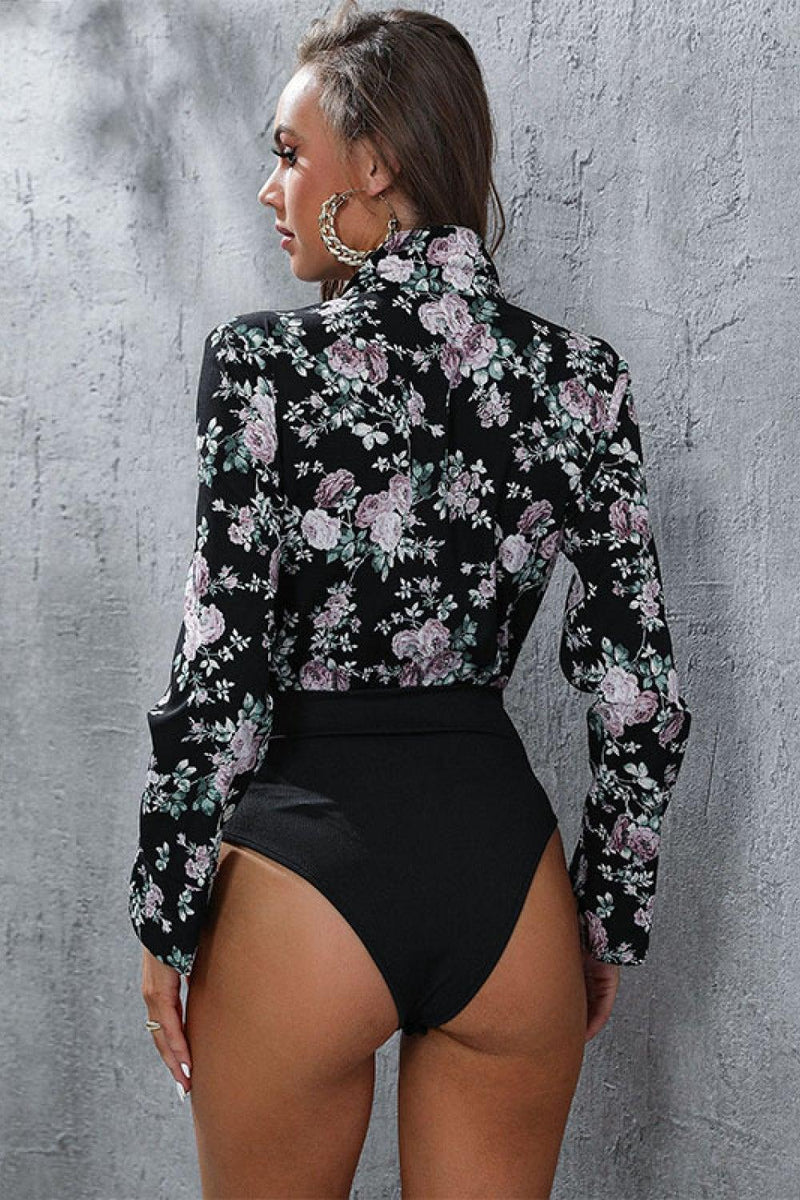 Floral Lapel Collar Spliced Bodysuit - AM APPAREL