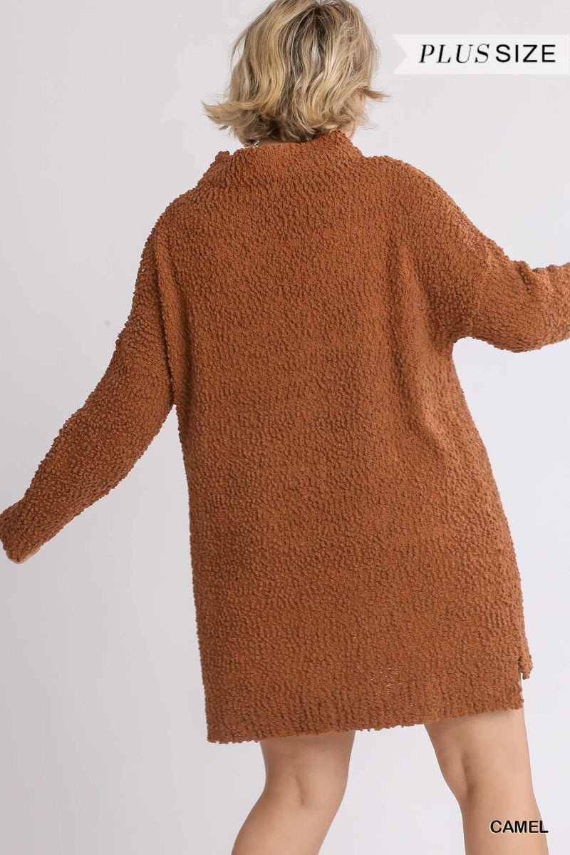 High Cowl Neck Bouclé Long Sleeve Sweater Dress - AM APPAREL