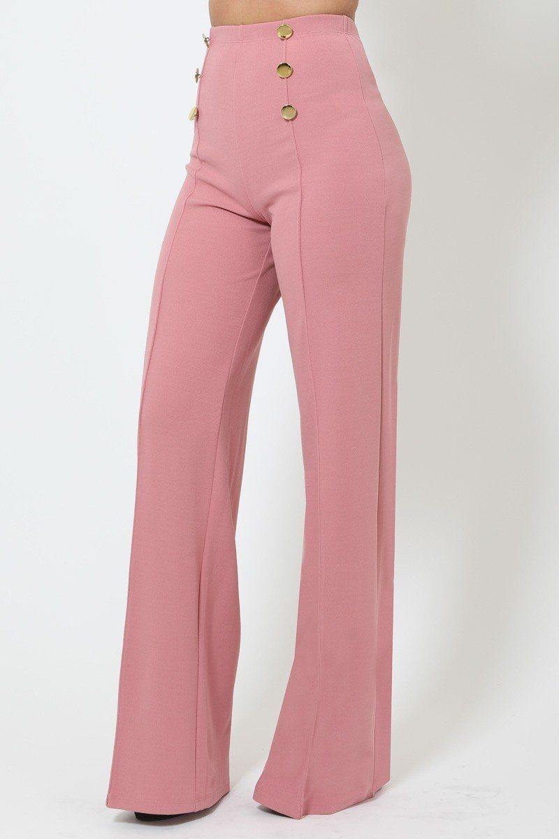 High-waist Crepe Pants With Buttons - AM APPAREL