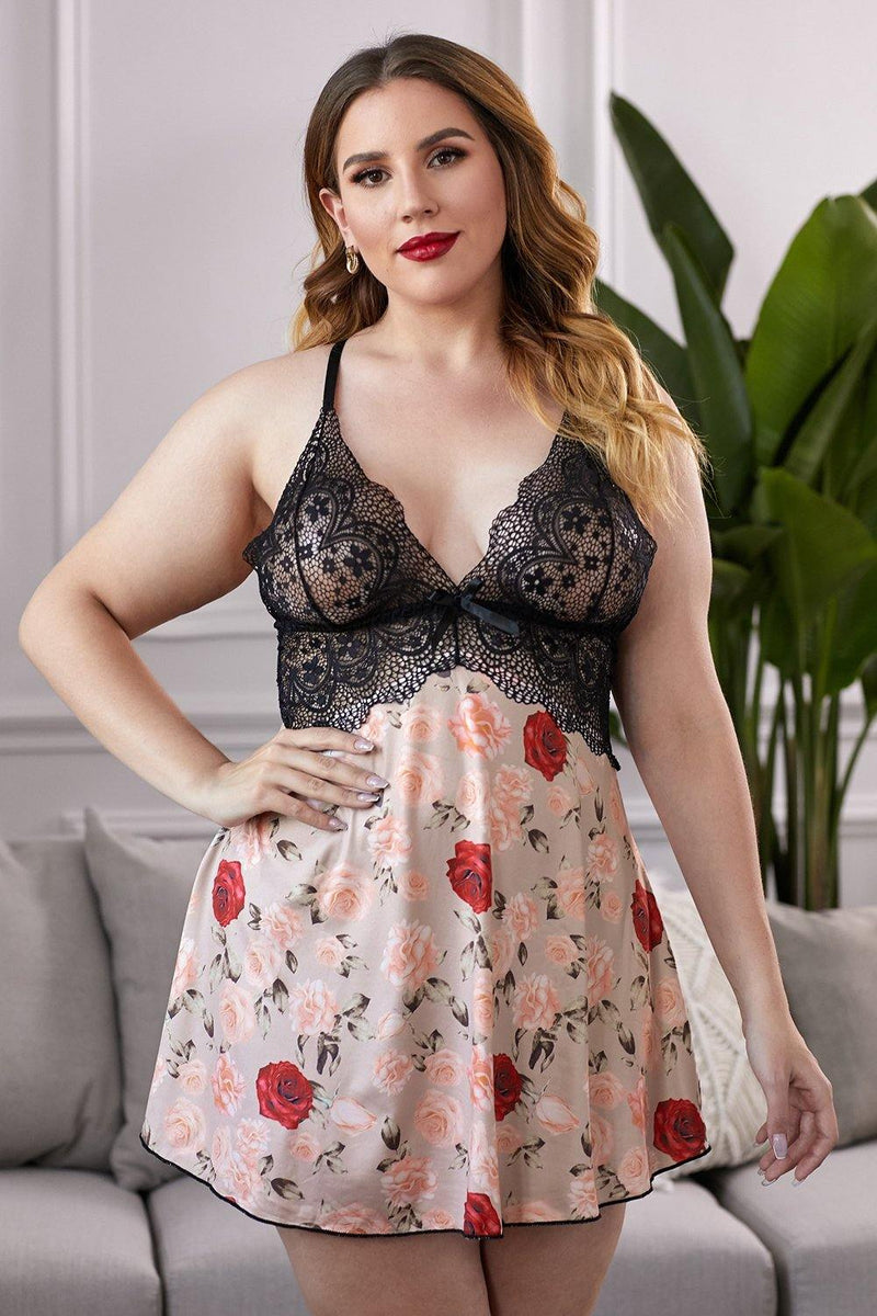 Lace Bra Splicing Floral Babydoll - AM APPAREL