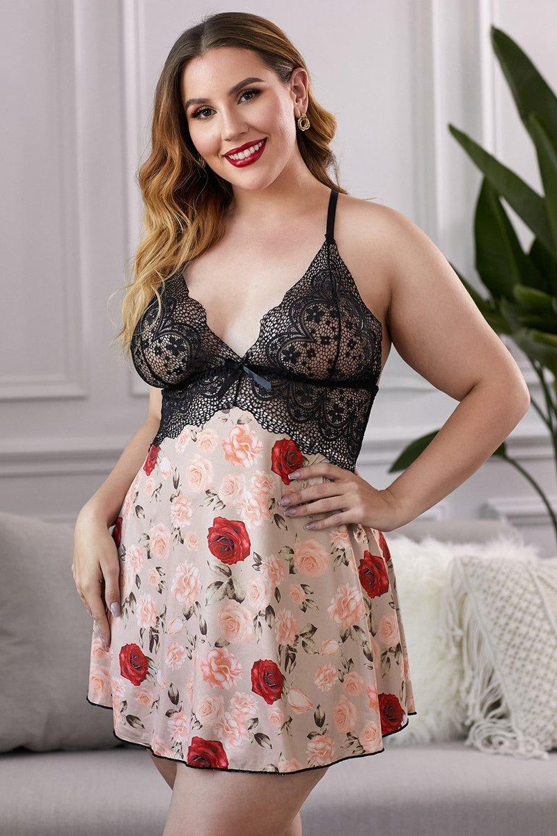 Lace Bra Splicing Floral Babydoll - AM APPAREL