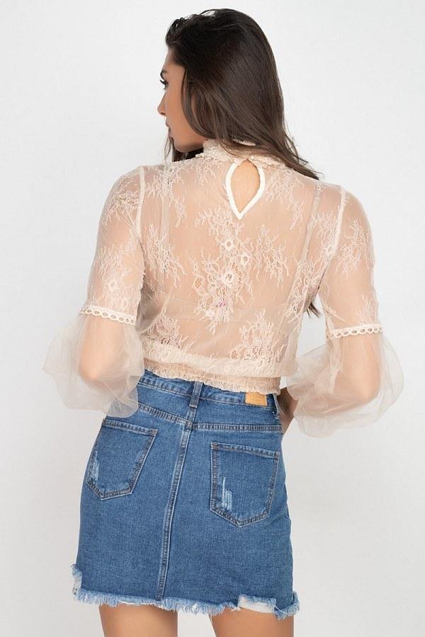 Lace Trim Balloon Sleeve Smocked Top - AM APPAREL
