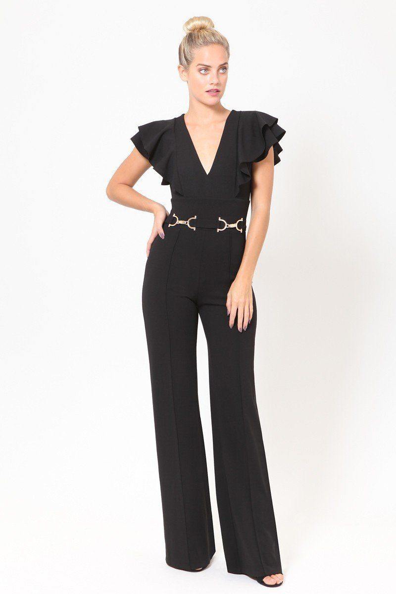 Layered Ruffle Shoulder Jumpsuit W/ Buckle Detail - AM APPAREL
