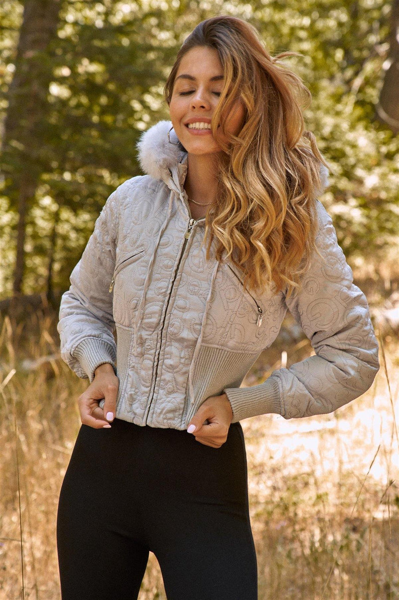 Letter Printed Zip-up Faux Fur Bomber Jacket - AM APPAREL