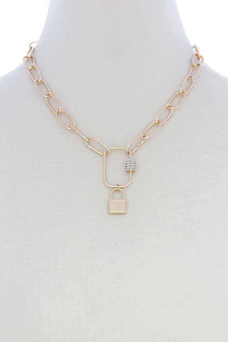 Lock Charm Oval Link Metal Necklace - AM APPAREL