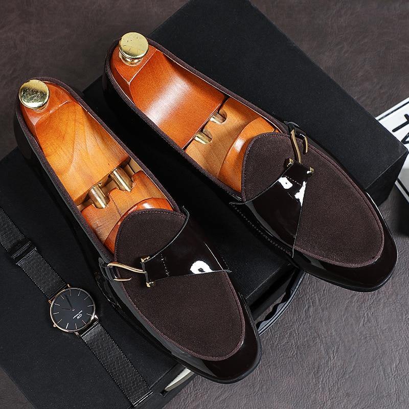 Men's Patent Leather Loafters W/ Metal Hook Details - AM APPAREL