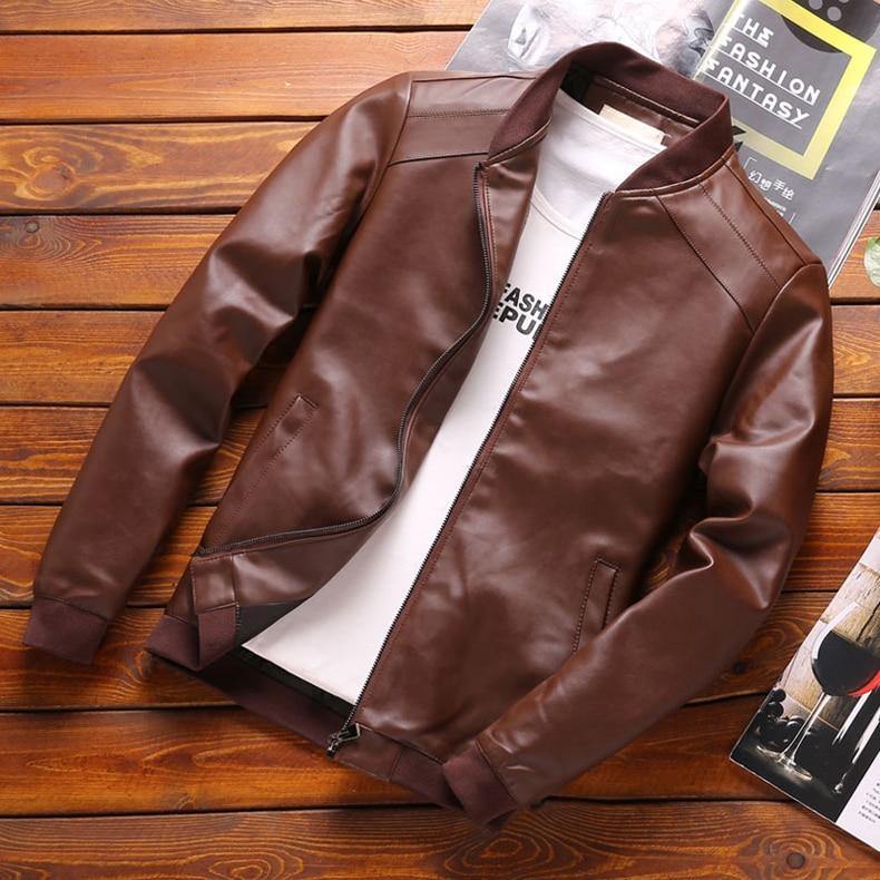 Men's Spring Classic Slim Fit PU Leather Jacket - AM APPAREL