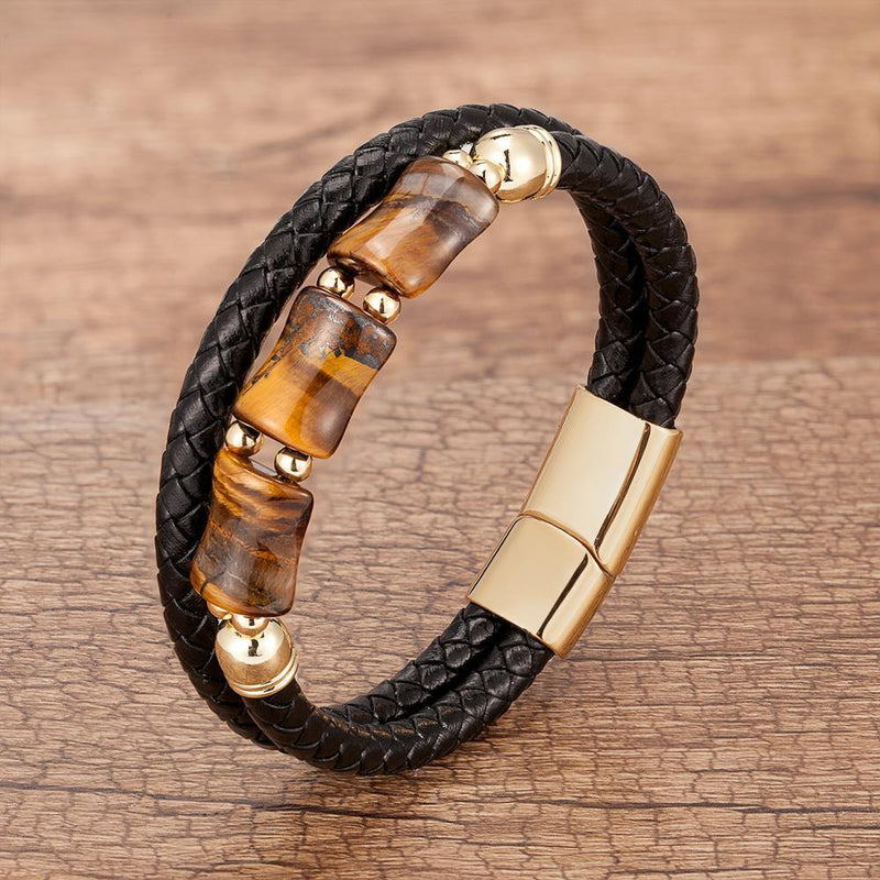 Men's Stone Genuine Leather Bracelet - AM APPAREL