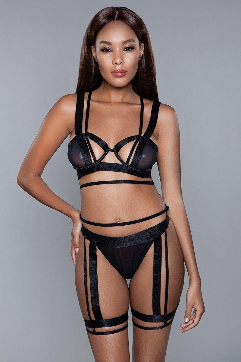 Mesh Bralette With Edgy Cut-outs  Matching Thigh Harness 2 Pc Set - AM APPAREL