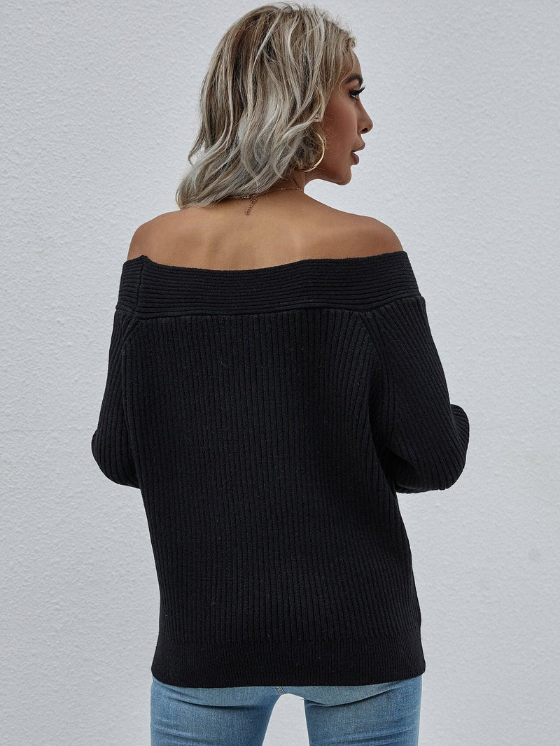 Off-Shoulder Rib-Knit Sweater - AM APPAREL