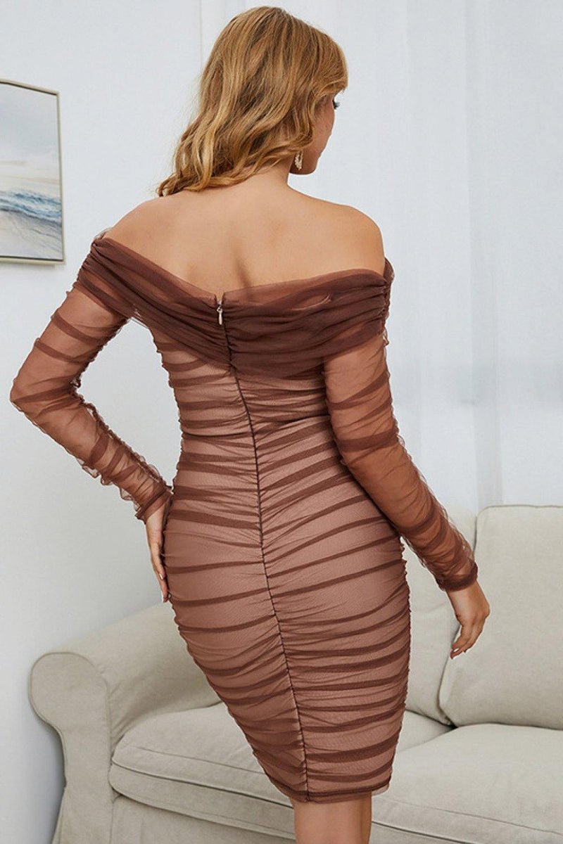 Off-Shoulder Ruched Long Sleeve Tulle Dress - AM APPAREL