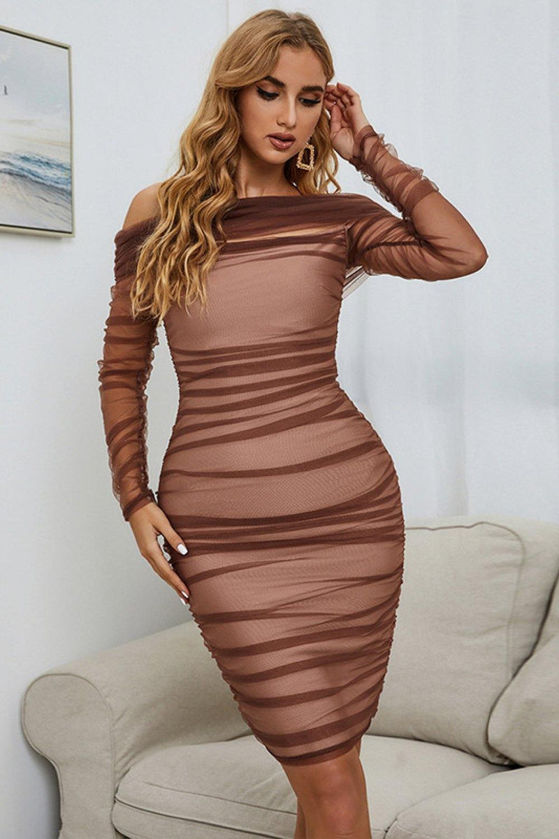 Off-Shoulder Ruched Long Sleeve Tulle Dress - AM APPAREL