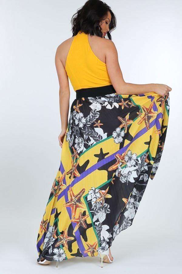 Pleated Print Maxi Skirt With Leather Waist Band - AM APPAREL