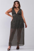 Plus Black & Gold V-neck Sleeveless Pleated Fabric Maxi Dress - AM APPAREL