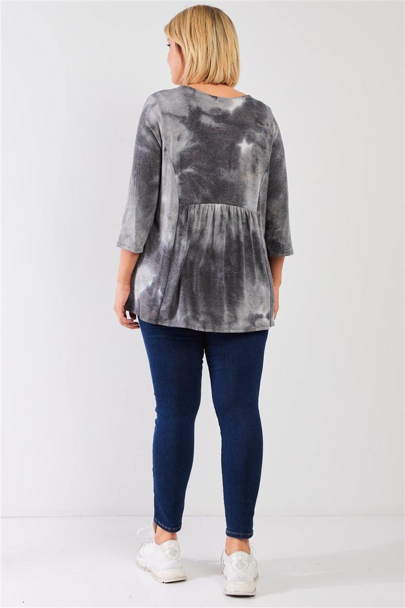 Plus Grey Multicolor Tie-dye Midi Sleeve Relaxed Flare Top - AM APPAREL