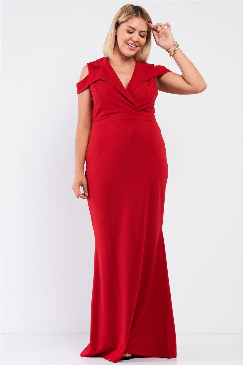 Plus Red Sleeveless Collared Plunging V-neck Maxi Dress - AM APPAREL