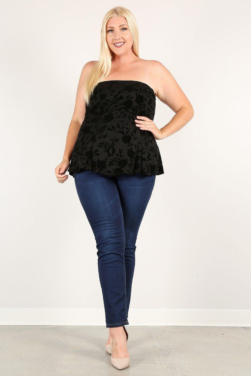 Plus Size Floral Mesh Flocking Tube Top With Flare Bodice - AM APPAREL