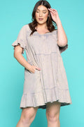 Plus Size Solid Washed Knit Tiered Mini Dress - AM APPAREL
