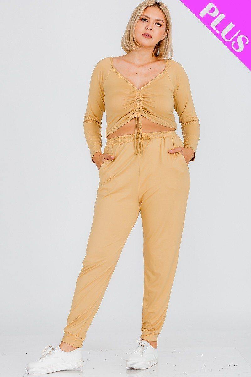 Plus Size Strap Ruched Top And Jogger Pants Set - AM APPAREL