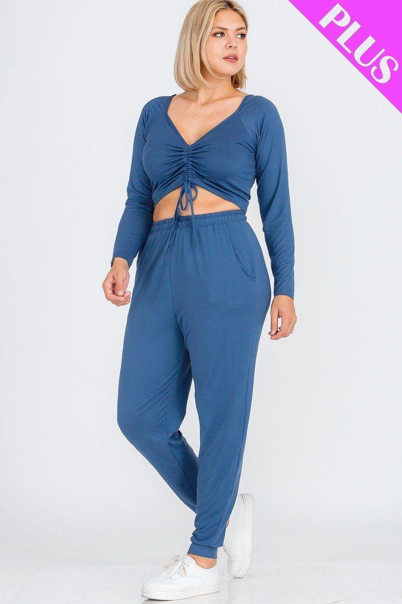 Plus Size Strap Ruched Top And Jogger Pants Set - AM APPAREL