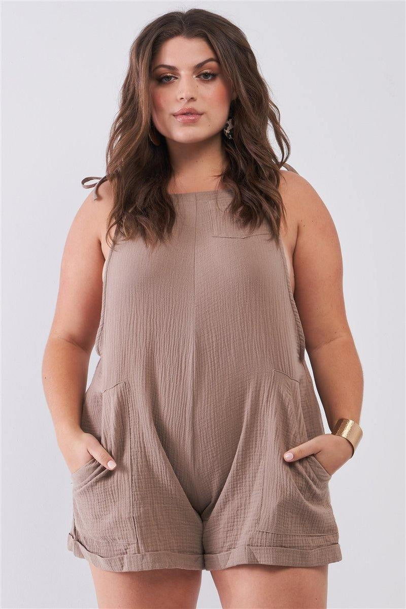 Plus Size Taupe Square Neck Sleeveless Cuffed Romper - AM APPAREL