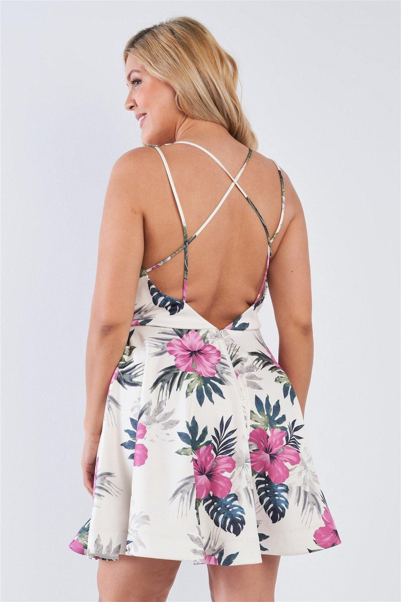 Plus Size Tropical Print Square Neckline Strappy Open Back Flare Mini Dress - AM APPAREL