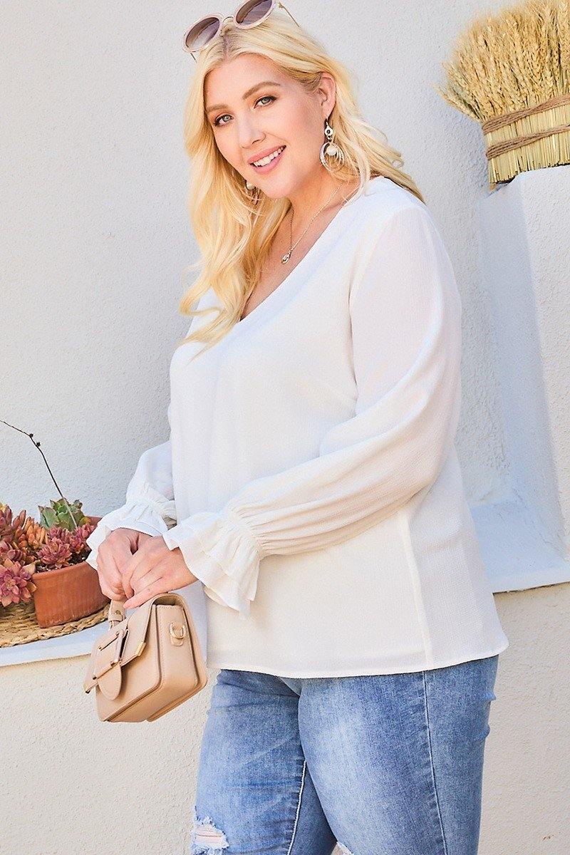 Plus Size V Neck Tier Ruffle Sleeve Top - AM APPAREL