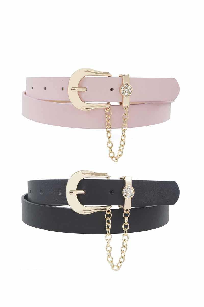 Rhinestone Circle Pave Chain Looped Duo Buckle Belt (2 Belts) - AM APPAREL